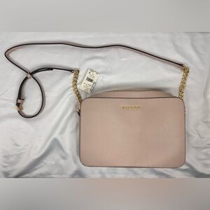 NWT Michael Kors Jet Set Item Large East West Zip Crossbody Leather Blush Pink